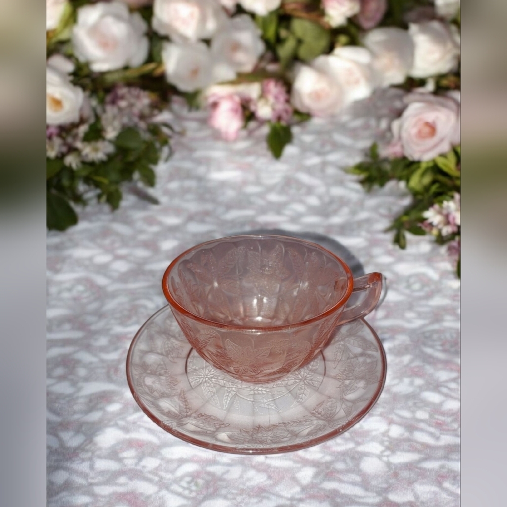Depression Glass Cup and Saucer Set Floral Pattern Rustic Kitchen
